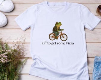 Frog Riding Bicycle to Get Pizza T-Shirt | Funny Pizza Bike Tee