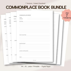 May include: A Commonplace Book Bundle featuring seven printable PDF versions. The white pages contain black text with fields for topic, author, key idea, why it matters, related ideas, action, application, and tags, presented in a stack.
