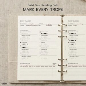 Example of filled trope tracker planner insert with marked romance tropes.