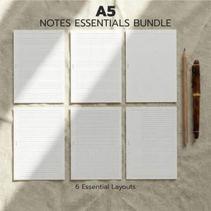 May include: A5 Notes Essentials Bundle with six essential layouts. The image shows six white notepads with different grid patterns, a pencil, and a pen. The text on the image reads "A5 Notes Essentials Bundle" and "6 Essential Layouts".