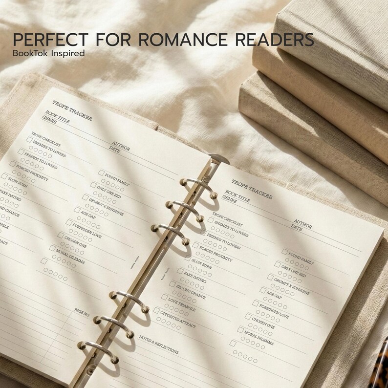 Romance reading trope tracker printable insert designed for booktok readers.
