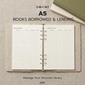 May include: An A5 size, 2-in-1 set notebook with a ring binder, open to display lined pages for tracking borrowed and lent books. The notebook is in a neutral color, with text that reads "BOOKS BORROWED & LENDING" and "Manage Your Personal Library."
