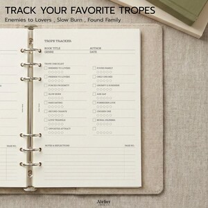 Minimal A5 trope tracker printable page with book title genre and date section.