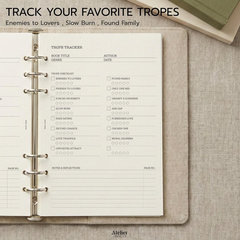 Minimal A5 trope tracker printable page with book title genre and date section.