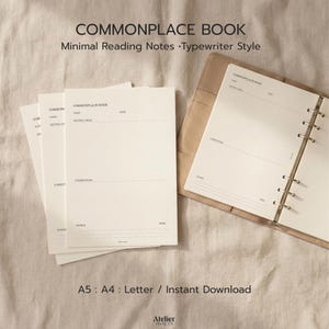 May include: A stack of blank, cream-colored paper sheets with lines and the words "COMMONPLACE BOOK" printed at the top. The image also shows an open notebook with similar pages and a leather cover. Text at the top reads "Minimal Reading Notes Typewriter Style".
