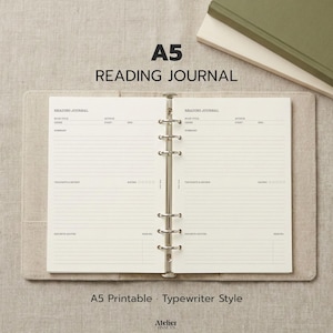 May include: An open A5 reading journal with lined pages, held together by a silver binder. The journal is labeled "Reading Journal" and includes sections for book title, author, summary, and ratings. The text "A5 Printable Typewriter Style" is also visible.