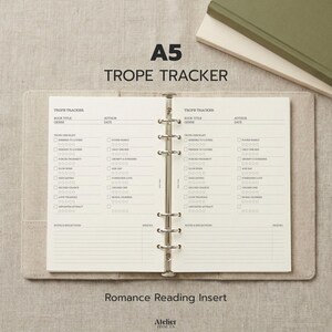 A5 Trope Tracker printable planner insert for romance readers featuring minimal checklist layout.