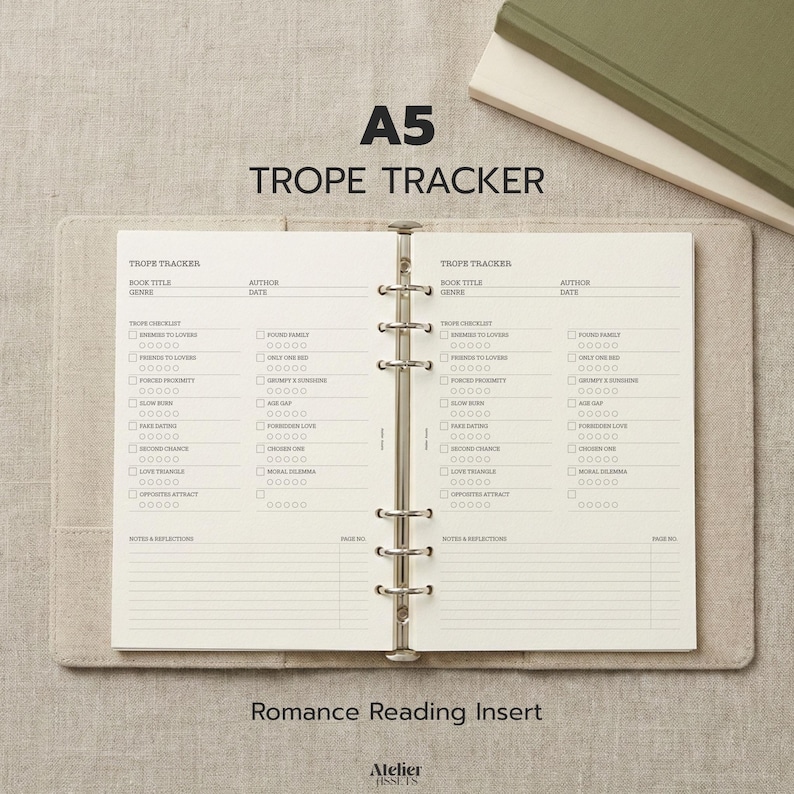 A5 Trope Tracker printable planner insert for romance readers featuring minimal checklist layout.