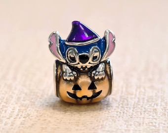 Sterling Silver Halloween Pumpkin Purple Hat Stitch Charm: Enamel Lilo & Stitch Jewelry Bead (Gift Box)