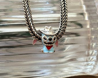 Sterling Silver Stitch Cowboy Charm: Enamel Lilo & Stitch Jewelry Bead (Gift Box)