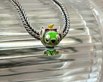 Sterling Silver Green Stitch with Red Bow Charm: Enamel Lilo & Stitch Jewelry Bead (Gift Box)