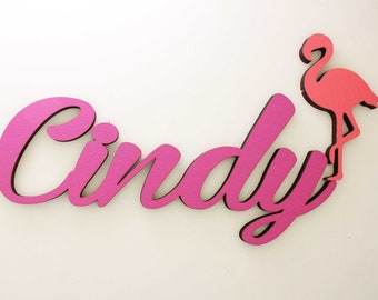 Girl Name Sign with Sweet Pink Flamingo for Nursery Decor or Birthday Name Plaque, DIY Toy Box