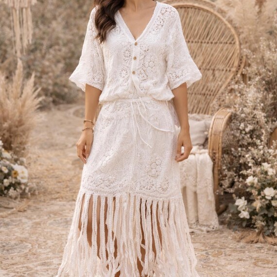 Bohemian Lace Fringe Dress With Crochet Embroidery, Airy Top and Midi Skirt  Set. Perfect for Summer Festivals and Beach Wear Apricot - Etsy