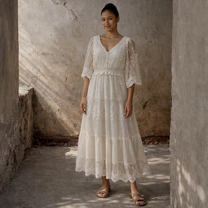 ボヘミアン風レースドレス レディース Vネック アイボリー ロングドレス ボヘミアンサマー
