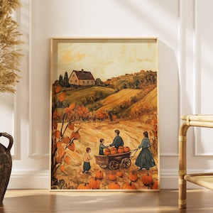 Vintage autumn landscape oil painting pumpkin patch print rustic farmhouse fall decor moody harvest wall art digital download