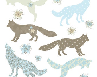 Fox Silhouette Shapes in Brown and Blue with Flower Digital Clip Art - Personal and Commercial Use