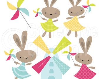Pinwheel Rabbits Digital Clip Art Set - Personal and Commercial Use