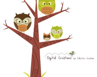 Owl Tree Digital Clipart Clip art set - Personal and Commercial Use