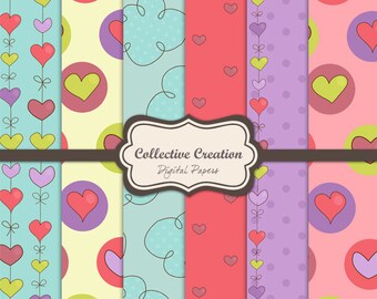 Hanging Hearts Digital Paper Set - 6 individual 12x12 Digital Sheets supplied as high resolution JPEGS