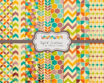Retro Geometrical Shapes Digital Paper Background Set - Commercial and Personal Use - Digital Scrapbooking, Invitations, Art and Craft