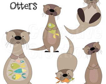 Otters and Fish Digital Clip Art - Personal and Commercial Use