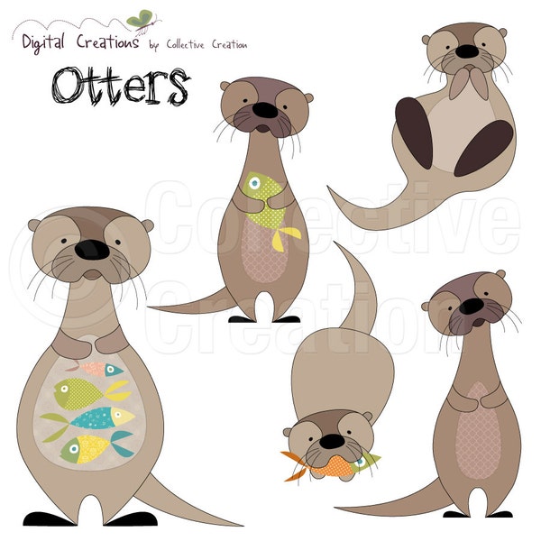Otters and Fish Digital Clip Art - Personal and Commercial Use