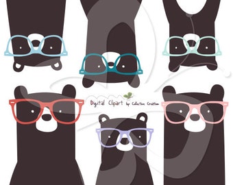 Hipster Bears wearing Glasses Digital Clip Art Clipart Set - Personal and Commercial Use