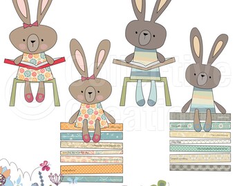 I Love to Read - Little Rabbits - Digital Clip Art Set - Personal and Commercial Use