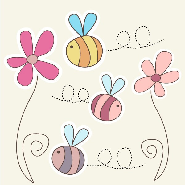 Cute Bumble Bee Clipart set - 2 Flowers and 3 Bees - Great for Scrapbooking, Cardmaking and Paper Crafts.