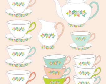 Geometric Teacup and Teapot Digital Clip Art Clipart Set - Personal and Commercial Use