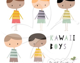 Kawaii Boys Digital Clip Art Clipart Set - Personal and Commercial Use