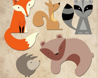 Woodland Animals Digital Clip Art - Fox, Squirrel, Raccoon, Hedgehog and Bear