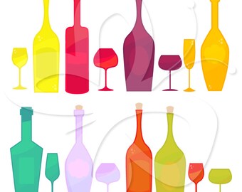 Wine Bottles and Glasses Digital Clip Art Clipart Set - Personal and Commercial Use