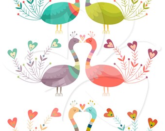 Peacock and Love Hearts Clip Art Clipart Set - Commercial and Personal use