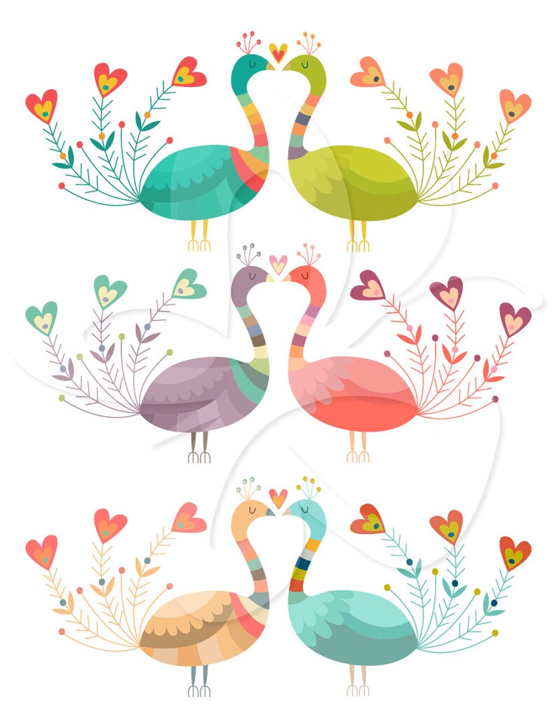 Peacock and Love Hearts Clip Art Clipart Set Commercial and Personal use image 1