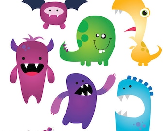 Little Monster Digital Clip Art Bright Colorful Silly Monsters - Ideal for Scrapbooking, Cardmaking Cupcake Toppers and Paper Crafts