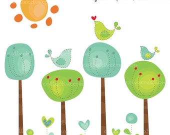 Circle Trees and Heart Birds Digital Clipart - Ideal for Scrapbooking, Card Making Cupcake Toppers and Paper Crafts, Clip Art