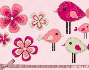 Set of Torn Paper Edge & Stitch Birds and Flowers Clip Art - Bright Pinks - emailed to you individually as a high res PNG