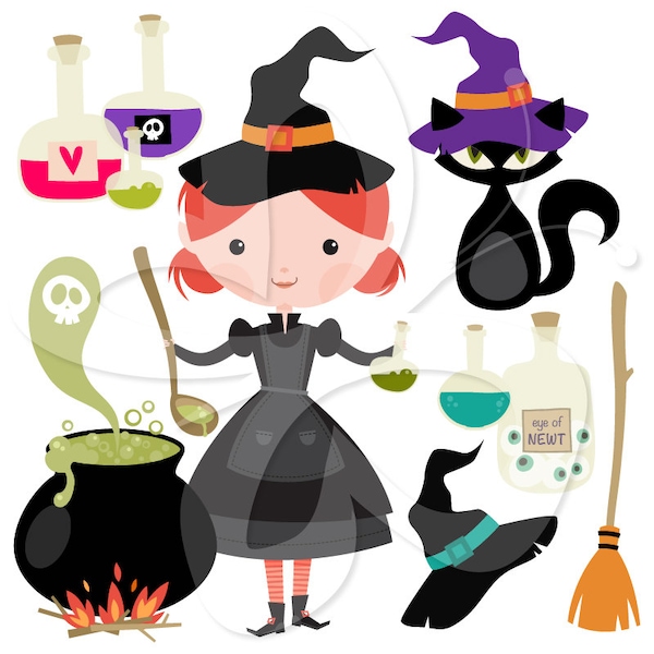 Witch Brew Potion and Black Cat Clip Art Clipart Set - Personal and Commercial Use