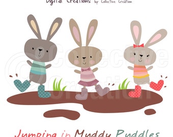 Jumping in Muddy Puddles - Rabbit Digital Clip Art Clipart Set - Personal and Commercial Use