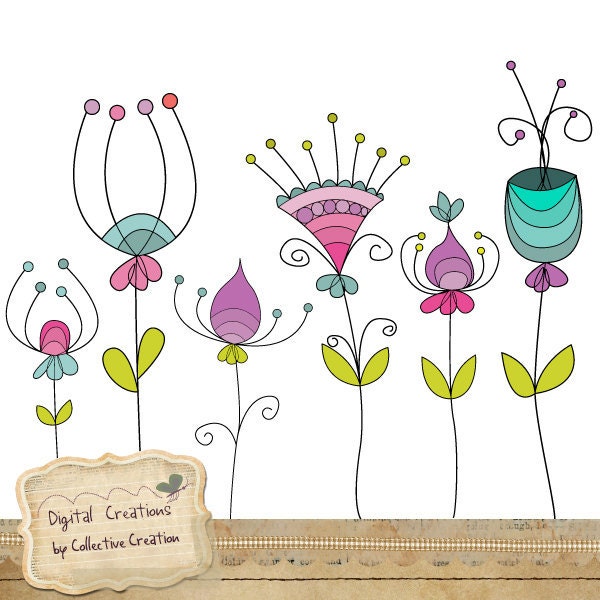 Doodle Flowers Digital Clipart Set  - Perfect for Scrapbooking and General Paper Crafts