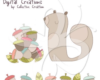 Look what I found - Squirrel and Acorns Digital Clipart Set - Personal and Commercial Use