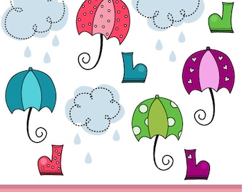 Rainy Day Digital Clipart Set with Umbrellas, Clouds & Gumboots - Great for Scrapbooking, Cardmaking and Paper Crafts.