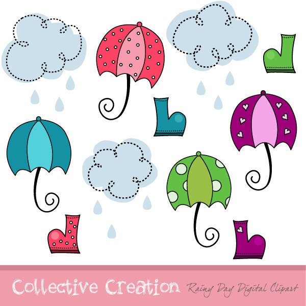 Rainy Day Digital Clipart Set with Umbrellas, Clouds & Gumboots - Great for Scrapbooking, Cardmaking and Paper Crafts.