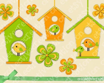 Bird House and Flowers Digital Clip Art -  Commercial and Personal Use