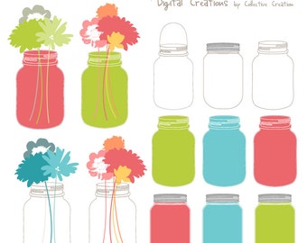 Bright Mason Jars and Flowers Digital Clip Art  Clipart Set - Personal and Commercial Use