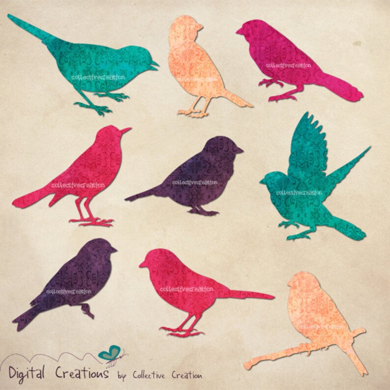 Bird Sparrow Silhouettes in Pink, Turquoise, Purple and Apricots