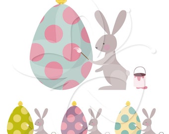 Rabbit Painting Easter Egg Clip Art Clipart Set - Commercial and Personal use