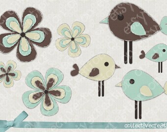 Set of Torn Paper Edge Birds & Flowers Clip Art - emailed to you individually as a high res PNG with  transparent background