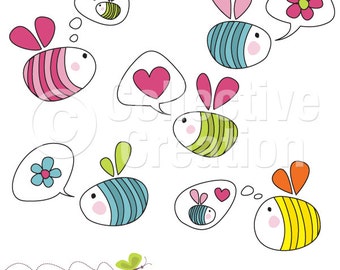 Bright Bees with Speech & Thought Bubbles Digital Clipart - Ideal for Scrapbooking, Cardmaking and Paper Crafts